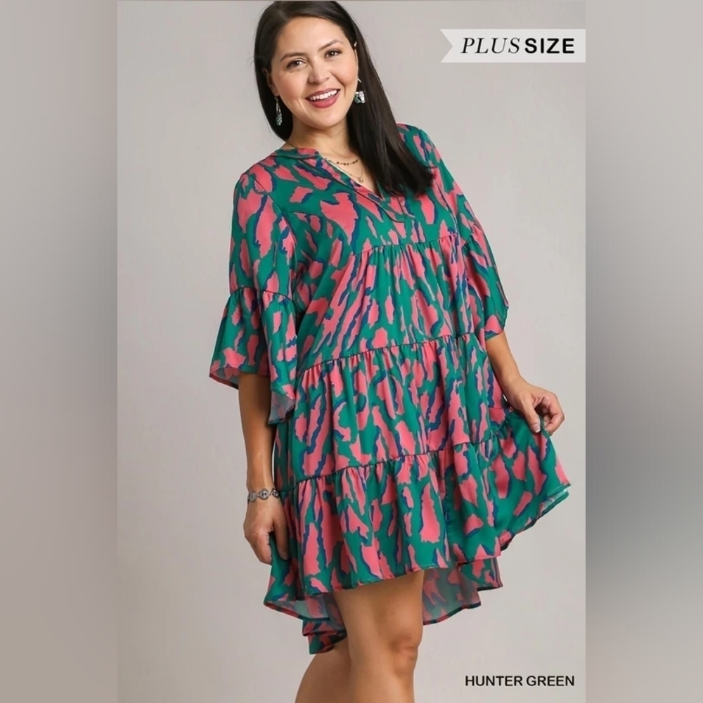 NWT Umgee Green Pink Animal Print Tiered Flowy Silky Dress - Picture 4 of 6
